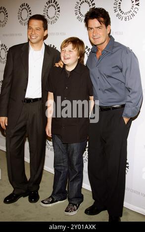 Jon Cryer, Angus T. Jones and Charlie Sheen at the 'Two and a Half Men' 100th Episode Celebration held at the Paley Center for Media in Beverly Hills, USA on October 3, 2007. Stock Photo