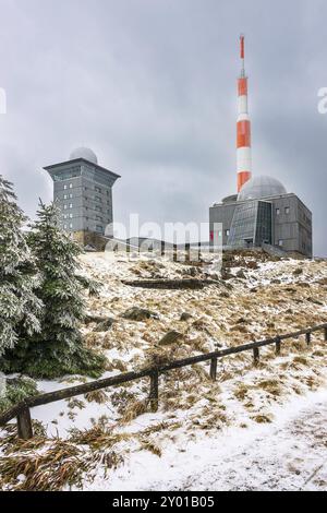 Landscape with snow on the Brocken in the Harz Mountains Stock Photo