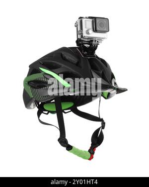 Modern action camera on helmet against white background Stock Photo