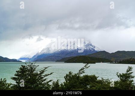 View of Gray Lake and Gray Glacier with the snow mountain in rainyday, Patagonia, Chile, South America Stock Photo