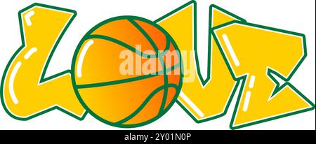 Love - Yellow and Green basketball, sport vector graphics, hockey, for street art - graffiti lettering typography - art illustration - multicolor - Stock Vector