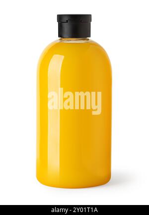 One single new clean blank  yellow shampoo bottle, object isolated on white, cut out, front view, empty mockup template, Stock Photo