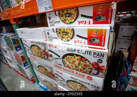 Los Angeles, California, United States - 05-20-2022: A view of several cases of T-Fal deep saute pans, on display at a local big box grocery store. Stock Photo