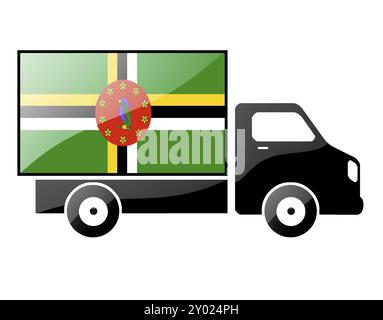 The Dominica flag painted on the silhouette of a truck. glossy illustration Stock Photo