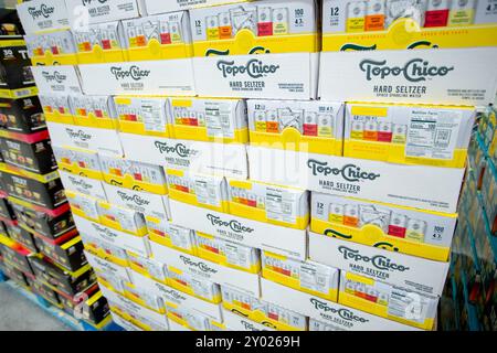 Los Angeles, California, United States - 03-01-2022: A view of several cases of Topo Chico hard seltzer, on display at a local big box grocery store. Stock Photo