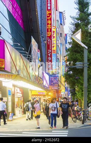 Tokyo, Japan, July 31, 2015: People walking on sidewalk under vertical store signs and bright lights in electronics mecca of Akihabara at evening, Asi Stock Photo