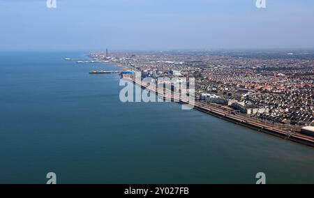 aerial view of Blackpool, Lancashire, UK from over the sea looking North up the coast Stock Photo