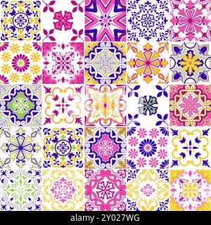 Pink and Blue Portuguese Azulejos Seamless Pattern Mosaic Tiles Checkered Vector Background, Ceramic Floor Tiles Design Stock Vector