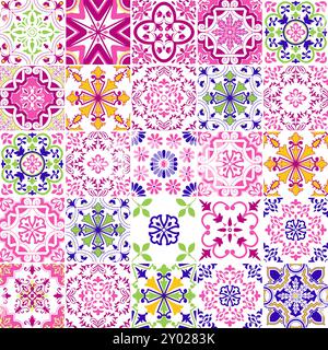 Pink and Blue Portuguese Azulejos Seamless Pattern Mosaic Tiles Checkered Vector Background, Ceramic Floor Tiles Design Stock Vector