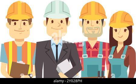 Engineer team color characters. Cartoon contractor builders Stock Vector