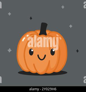 Orange vector illustration of a pumpkin with a tail and with a cute face and smile. Illustration for Halloween. Stock Vector