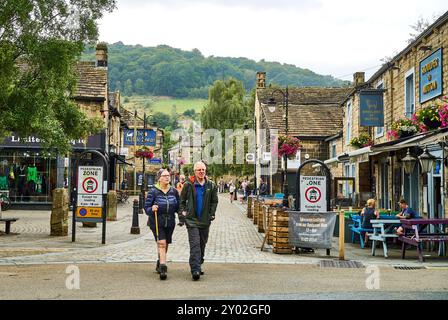 Shoppers and tourists in St George's Square, Hebden Bridge,UK Stock Photo