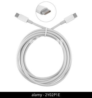 Cable with Type-C connectors, insulated on white background. Stock Photo