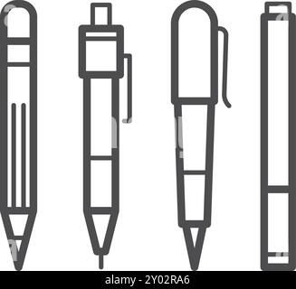 Writing tools line icon set. Pencil and ballpoint Stock Vector