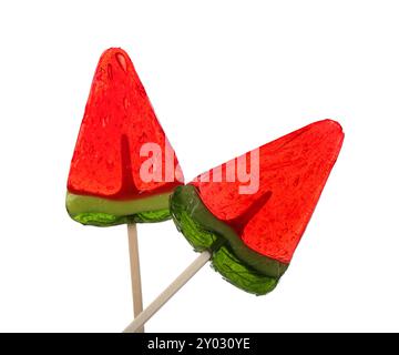 Lollipops in shape of watermelon slice on white background Stock Photo
