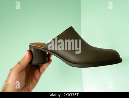 An elegant leather women's shoe held in a male hand against a white abstract background, emphasizing the shoe's quality and stylish design Stock Photo