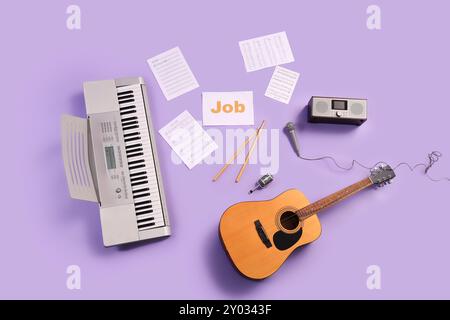 Paper with word JOB, note sheets and musical instruments on lilac background, top view Stock Photo