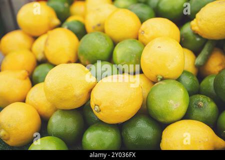 A view of a large pile of lemons and limes, on display at a local farmers market. Stock Photo