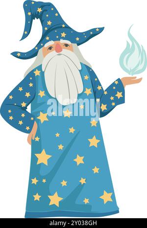 Sorcerer cartoon character. Magic old man in star clothes Stock Vector