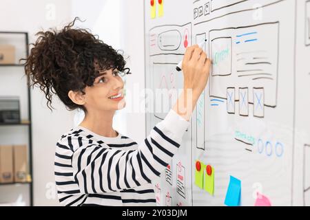 Developing UI design. Woman drawing website wireframe on whiteboard indoors Stock Photo