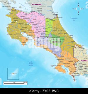 Costa Rica political map with capital , cities, towns, national borders, rivers and lakes. labeling Stock Vector