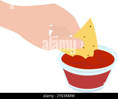 Womans hand with french manicure dipped nachos into glass gravy boat with salsa sauce. Mexican snack Isolated Front view. Vector illustration Cards, posters, banners, leaflets, menu, promo design idea Stock Vector