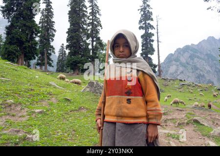 Portrait of a shepherd in the foothills of the Himalayan mountain range, India Stock Photo