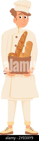 Chef with bread paper bag. Tasty bakery mascot Stock Vector