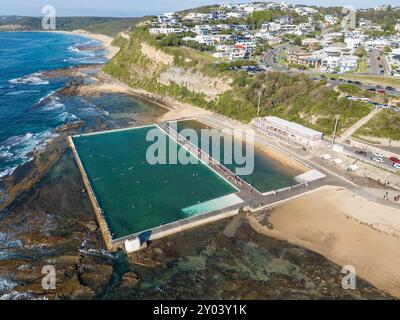 Aerial view of Merewether Ocean Baths - a large public swimming pool adjacent to the beach in Merewether. Stock Photo