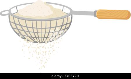 Sifting flour with metal sieve. Cooking cartoon icon Stock Vector