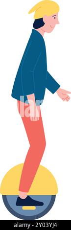 Man ride mono wheel scooter. Unicycle transport Stock Vector