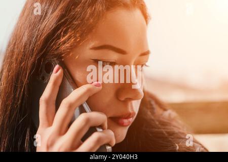 Young Woman on Phone with a Thoughtful Expression Stock Photo