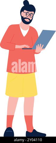 Bearded man work on laptop. Freelancer color character Stock Vector