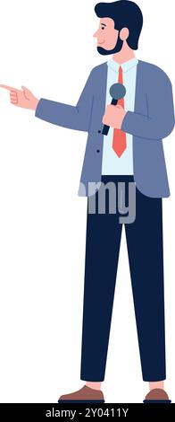 Man hold microphone. Tv host or reporter character Stock Vector