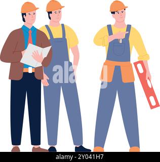 Building contractor characters. Color construction engineers talking Stock Vector