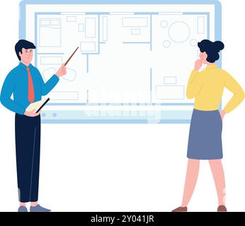 House blueprint construction Architects discuss meeting Stock Vector