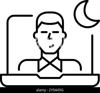 Man on video call on laptop with moon symbol next to it. Night time call centre and support. Pixel perfect vector icon Stock Vector
