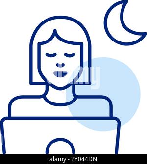 Woman working at laptop and moon crescent symbol. Night time creativity and productivity. Pixel perfect, editable stroke icon Stock Vector