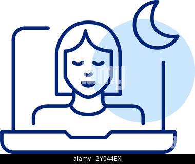 Woman on video call on laptop with moon symbol next to it. Night time call centre and support. Pixel perfect, editable stroke icon Stock Vector