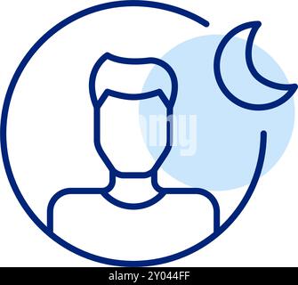 Male user avatar with crescent moon next to it. Night time mode or sleep tracker app. Pixel perfect, editable stroke icon Stock Vector