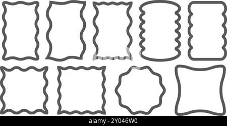 Wavy rectangle frame. Scallop edge box. Outline squiggle vector border. Groovy zigzag abstract shapes. Cute square aesthetic banners. Retro art. Stock Vector