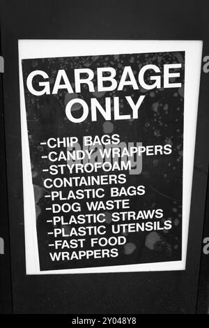 Waste sorting. Illustrations of different garbage types over recycling. Sign board with garbage only sign with different Garbage types. in Black and w Stock Photo