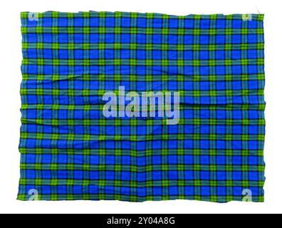 Blue Piece of torn crumpled checkered fabric on a white background. Textile. Cellular tissue isolate Stock Photo