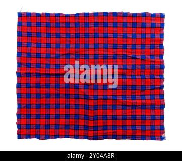 Red Piece of torn crumpled checkered fabric on a white background. Textile. Cellular tissue isolate Stock Photo