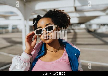Portrait of fashionable curly hair woman holding sunglasses at parking lot in sunlight Stock Photo