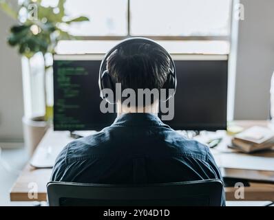 Rear view of male computer programmer wearing headphones while working in office Stock Photo
