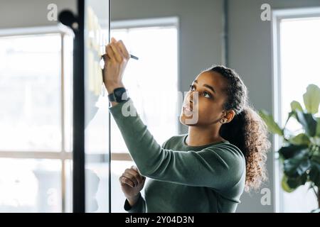 Young female tech programmer writing ideas on whiteboard in office Stock Photo