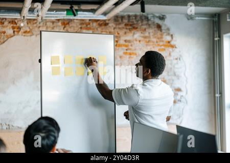 Rear view of male computer programmer writing ideas on adhesive note in office Stock Photo