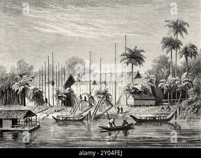 Exterior view of a palisade in Kampong village, Borneo Island, Malaysia, drawing by Louis Francais (1814-1897) Journey to the Island of Borneo, 1847 by Carl Schwaner (1817-1851) Le Tour du Monde 1862 Stock Photo