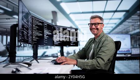 Web Developer Looking At Code. Computer Database Software Programming Stock Photo